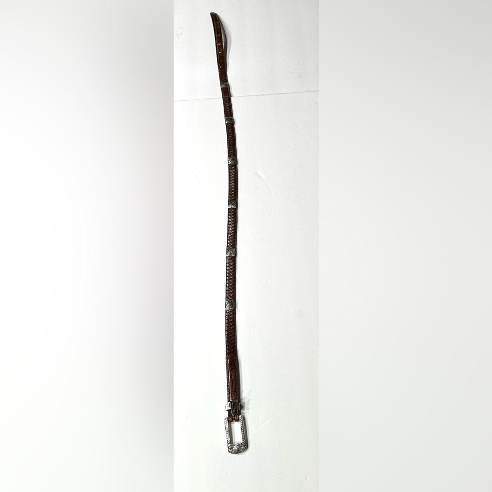 Brighton Womens Brown Braided Leather Skinny Silver Belt Size Medium M 30 - Picture 8 of 12